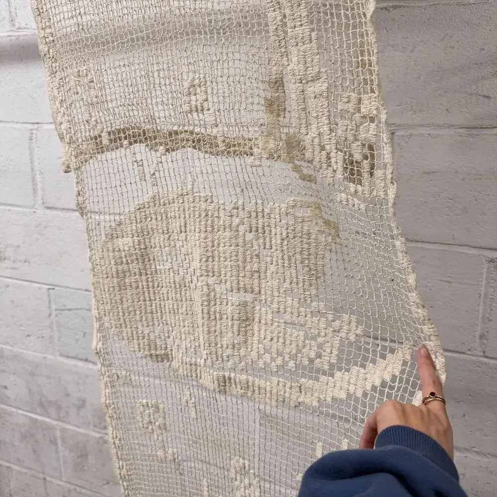 Antique French Figural Filet Lace Cat Sleeping Curtain - Rare Unique Animal